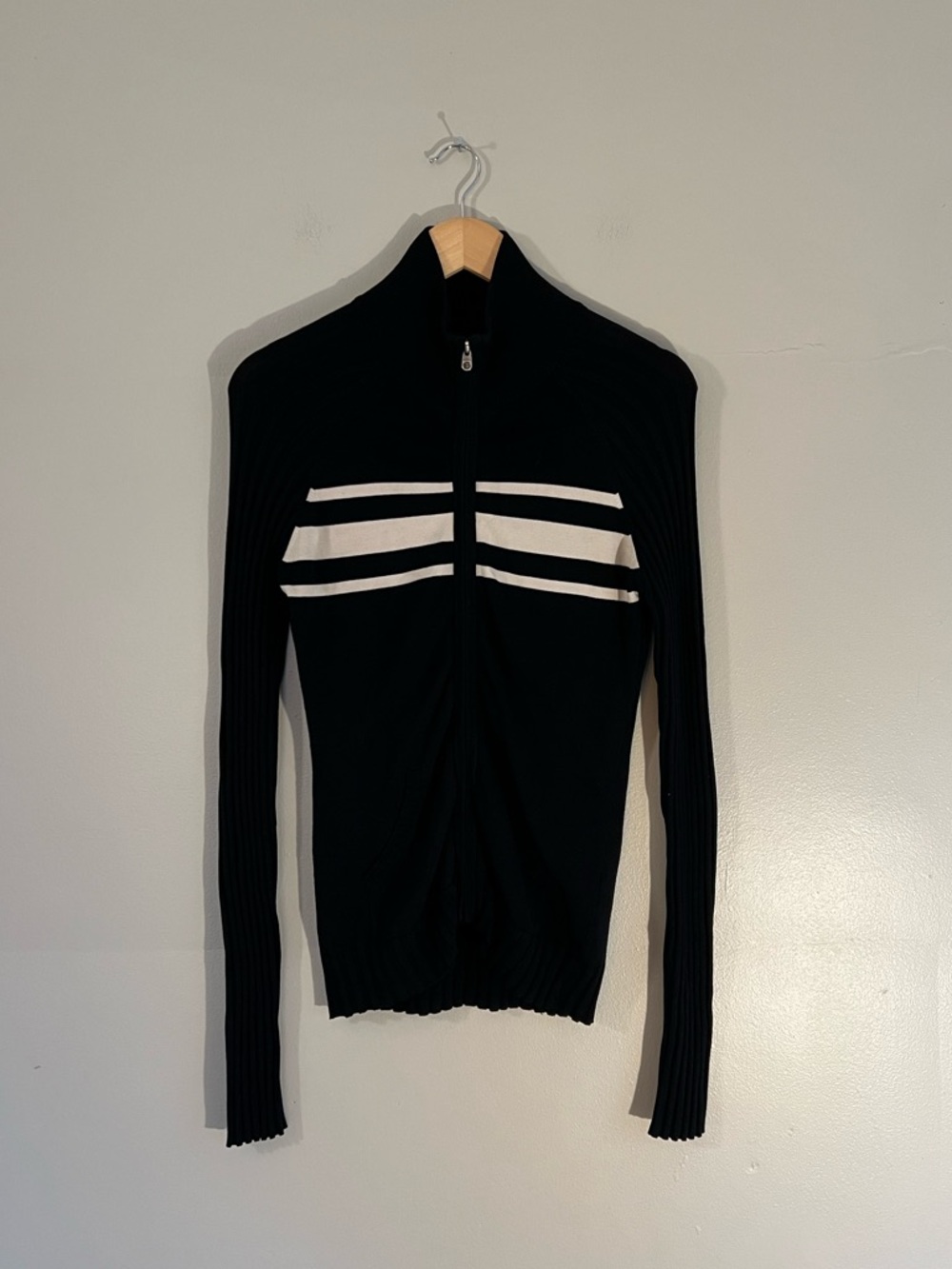 Y2K Bebe Black Silk Ribbed Zip-Up Top with White Stripes Chic Minimalist Office